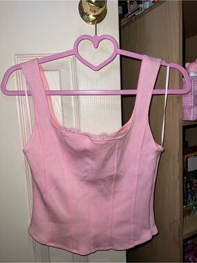 NWT Pink Coquette Corset Tank Top Lace Trim Baby Pink